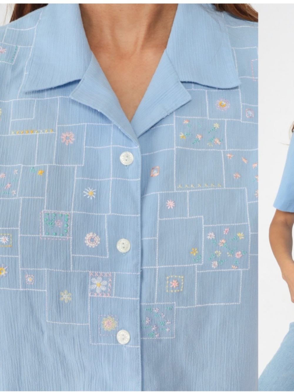90s Floral Embroidered Blouse Baby Blue Flower Top Collared